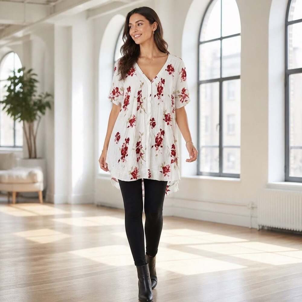 Gentle Fawn Women's White and Red Floral V-Neck High-Low Babydoll Top